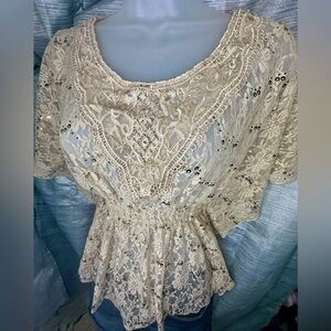 HeartSoul Bohemian Beige Lace & Gold Sequin Batwing Shirt Blouse ~ Small